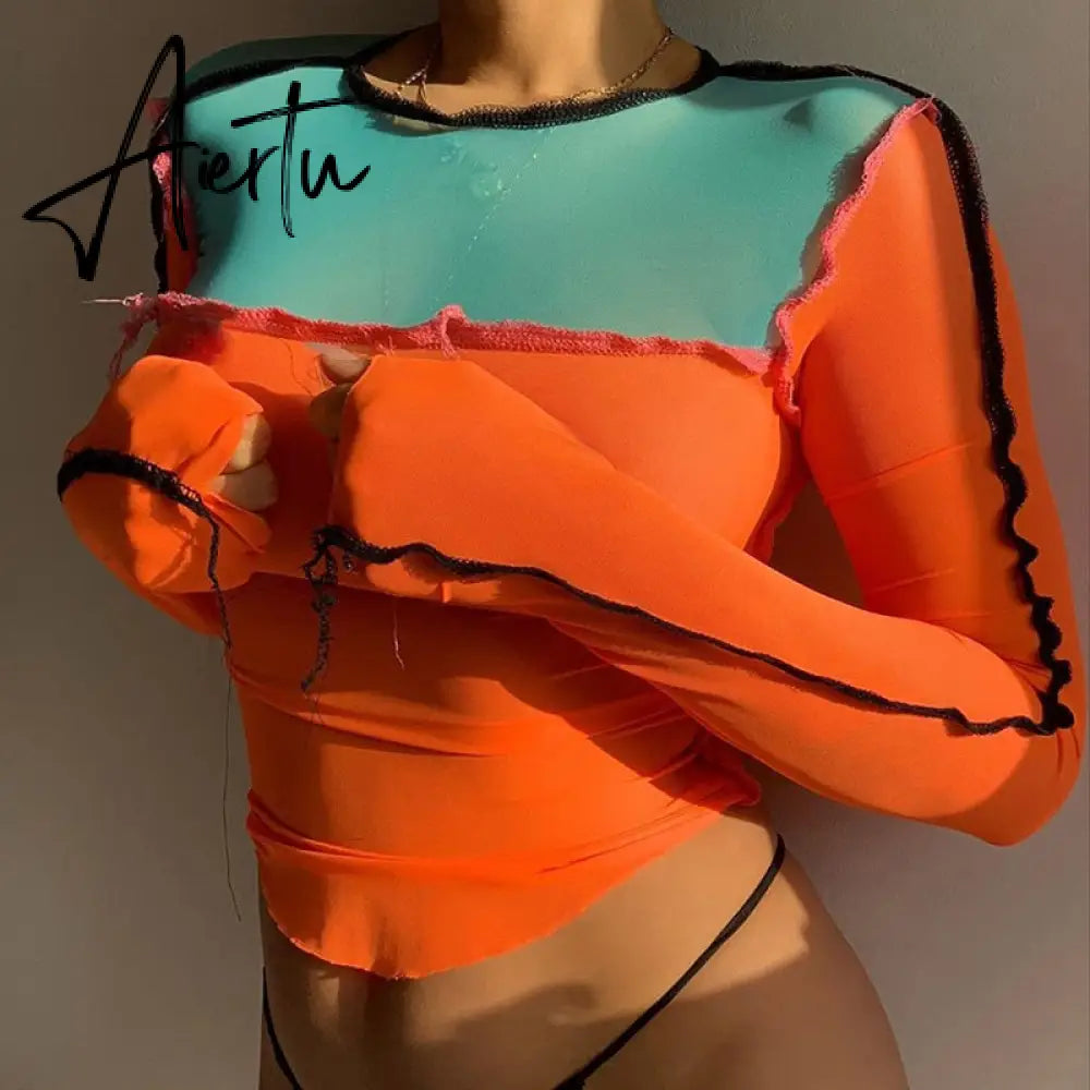 Contrast color patchwork long-sleeve T-shirt women autumn Street casual wear cool mesh top basic punk top tee female Aiertu