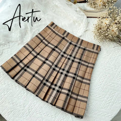 Contrast Color Plaid Striped Skirt Korean Version of Pleated Skirt Autumn High Waist A Line Plaid Mini Skirt Student Style Sweet Aiertu