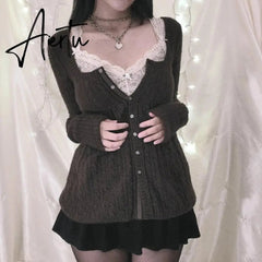 Coquette Grunge Y2K 00s Vintage Sweater Single Breasted Long Sleeve Cardigan 00s Aesthetic Kawaii Knitwear T-shirt Women Clothes Aiertu