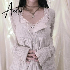 Coquette Grunge Y2K 00s Vintage Sweater Single Breasted Long Sleeve Cardigan 00s Aesthetic Kawaii Knitwear T-shirt Women Clothes Aiertu