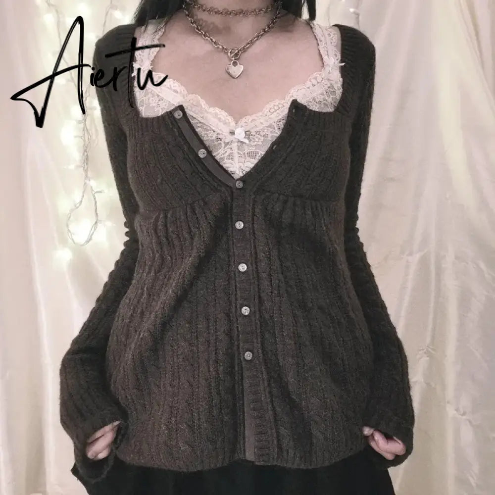 Coquette Grunge Y2K 00s Vintage Sweater Single Breasted Long Sleeve Cardigan 00s Aesthetic Kawaii Knitwear T-shirt Women Clothes Aiertu