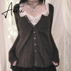 Coquette Grunge Y2K 00s Vintage Sweater Single Breasted Long Sleeve Cardigan 00s Aesthetic Kawaii Knitwear T-shirt Women Clothes Aiertu