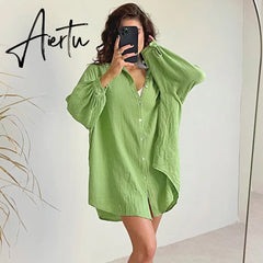 Cotton Autumn Woman Dresses Solid Sleepwear Loose Night Dress Women Casual Long Sleeve Turn Down Collar Nightwear Aiertu