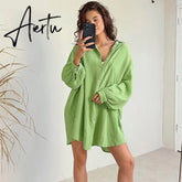 Cotton Autumn Woman Dresses Solid Sleepwear Loose Night Dress Women Casual Long Sleeve Turn Down Collar Nightwear Aiertu
