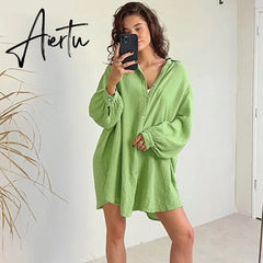 Cotton Autumn Woman Dresses Solid Sleepwear Loose Night Dress Women Casual Long Sleeve Turn Down Collar Nightwear Aiertu
