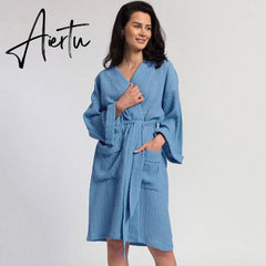 Cotton Bathrobe Female Loose Long Sleeve Sleepwear Spring Home Robes For Women Dresses Casual Woman Clothes Night Wears Aiertu