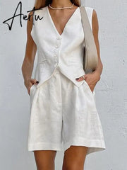 Cotton Linen Vest Shorts White Blue Sets Sleeveless Button V-neck Waistcoat 2 Pieces Set Womens Elegant Top Shorts Suits Aiertu