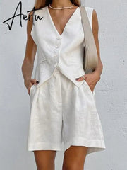 Cotton Linen Vest Shorts White Blue Sets Sleeveless Button V-neck Waistcoat 2 Pieces Set Womens Elegant Top Shorts Suits Aiertu