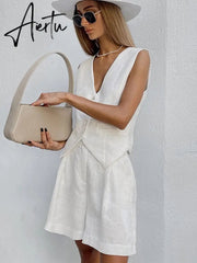 Cotton Linen Vest Shorts White Blue Sets Sleeveless Button V-neck Waistcoat 2 Pieces Set Womens Elegant Top Shorts Suits Aiertu