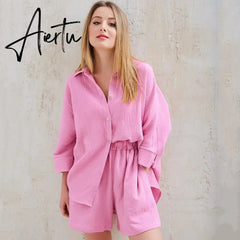 Cotton Pajamas For Women Sets Suit Casual Sleepwear Turn-Down Collar Nine Quarter Sleeve Sleep Tops Shorts Female Homewear Aiertu