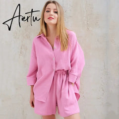 Cotton Pajamas For Women Sets Suit Casual Sleepwear Turn-Down Collar Nine Quarter Sleeve Sleep Tops Shorts Female Homewear Aiertu