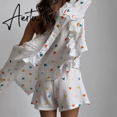 Cotton Pajamas Linen Love Print Shorts Suit Female Fashion Single Breasted Lapel Shirts Top 2 Pieces Set Elastic Waist Pant Sets Aiertu