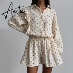 Cotton Pajamas Linen Love Print Shorts Suit Female Fashion Single Breasted Lapel Shirts Top 2 Pieces Set Elastic Waist Pant Sets Aiertu