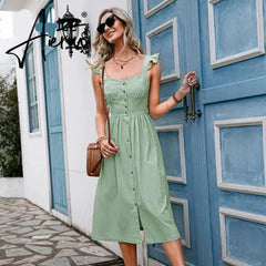 Cotton Sleeveless Square Neck Women Dress Maxi Summer Spaghetti Strap A-line Sundress Casual Button Ruffle Vestidos Aiertu