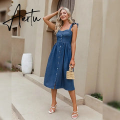 Cotton Sleeveless Square Neck Women Dress Maxi Summer Spaghetti Strap A-line Sundress Casual Button Ruffle Vestidos Aiertu