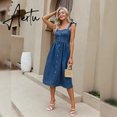 Cotton Sleeveless Square Neck Women Dress Maxi Summer Spaghetti Strap A-line Sundress Casual Button Ruffle Vestidos Aiertu