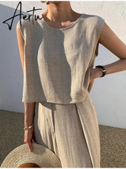 Cotton Sleeveless Tank Top Wide Leg Pants Set O-Neck Casual Oversize Tops Two Piece Sets Women Fashion Shopping Outifits Aiertu