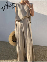Cotton Sleeveless Tank Top Wide Leg Pants Set O-Neck Casual Oversize Tops Two Piece Sets Women Fashion Shopping Outifits Aiertu