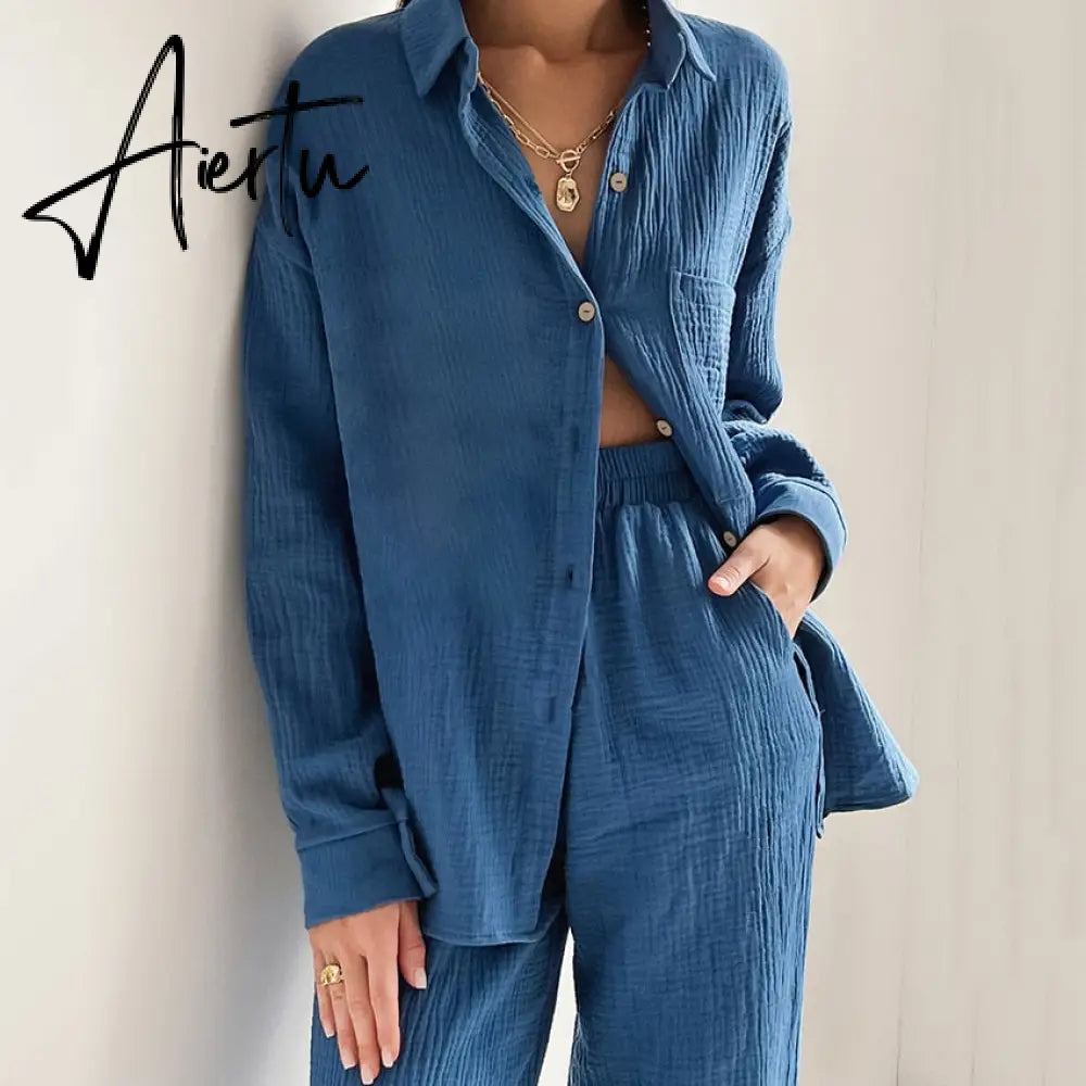 Cotton Women's Home Clothes Loose 2 Piece Sets Long Sleeve Sleepwear Female Casual Trouser Suits Autumn Pajamas Aiertu