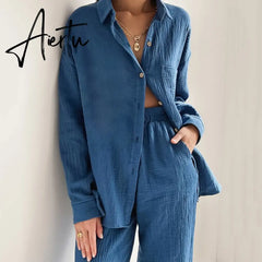 Cotton Women's Home Clothes Loose 2 Piece Sets Long Sleeve Sleepwear Female Casual Trouser Suits Autumn Pajamas Aiertu