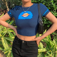 Crop Top y2k Knitted T Shirt Harajuku Tee Top Short Sleeve Tshirt O Neck Pullovers Women Casual Cute Top 90S Aiertu