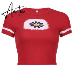 Crop Top y2k Knitted T Shirt Harajuku Tee Top Short Sleeve Tshirt O Neck Pullovers Women Casual Cute Top 90S Aiertu