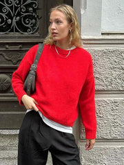 Aiertu Cropped Solid Sweaters For Women Long Sleeve O-neck Loose Fit Warm Pullover Tops Female Autumn Winter Fashion Knitted Sweater Christmas Aiertu