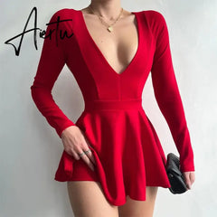 Cryptographic Fashion Sexy Backless V Neck A-Line Mini Dress Elegant Long Sleeve Pleated Party Club Birthday Dresses Vestido Aiertu