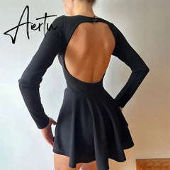 Cryptographic Fashion Sexy Backless V Neck A-Line Mini Dress Elegant Long Sleeve Pleated Party Club Birthday Dresses Vestido Aiertu