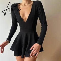 Cryptographic Fashion Sexy Backless V Neck A-Line Mini Dress Elegant Long Sleeve Pleated Party Club Birthday Dresses Vestido Aiertu
