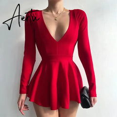 Cryptographic Fashion Sexy Backless V Neck A-Line Mini Dress Elegant Long Sleeve Pleated Party Club Birthday Dresses Vestido Aiertu