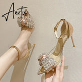 Crystal Bowknot Pumps Women Transparent Pvc Thin Heels Wedding Party Shoes Woman Bling Rhinestones High Heels Shoes Aiertu
