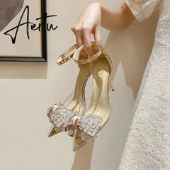 Crystal Bowknot Pumps Women Transparent Pvc Thin Heels Wedding Party Shoes Woman Bling Rhinestones High Heels Shoes Aiertu