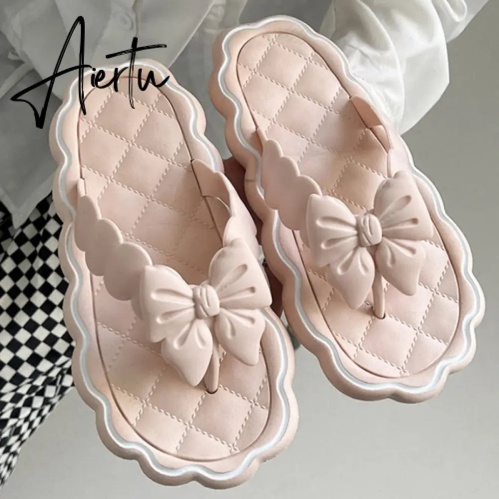 Cute Bowknot Women's Slippers New Summer Indoor and Outdoor Flip Flops Beach Smooth Ladder Home Non-slip EVA Slippers Aiertu