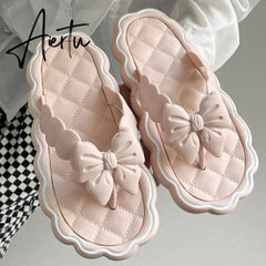Cute Bowknot Women's Slippers New Summer Indoor and Outdoor Flip Flops Beach Smooth Ladder Home Non-slip EVA Slippers Aiertu