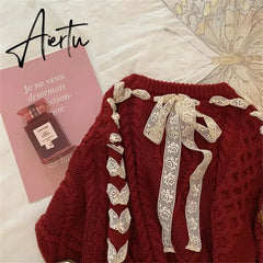 Cute girl red Fried Dough Twists ribbon sweater Autumn/Winter New Christmas Sweet Bow Knit Top Women's Korean Fashion Sweat New Year Aiertu