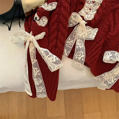 Cute girl red Fried Dough Twists ribbon sweater Autumn/Winter New Christmas Sweet Bow Knit Top Women's Korean Fashion Sweat New Year Aiertu