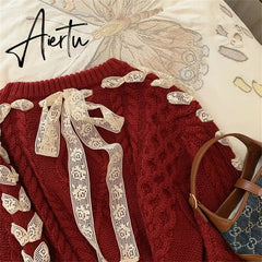 Cute girl red Fried Dough Twists ribbon sweater Autumn/Winter New Christmas Sweet Bow Knit Top Women's Korean Fashion Sweat New Year Aiertu