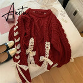 Cute girl red Fried Dough Twists ribbon sweater Autumn/Winter New Christmas Sweet Bow Knit Top Women's Korean Fashion Sweat New Year Aiertu