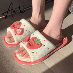 Cute Strawberry Plush Slippers Autumn House Slides Female Flip Flops Women Slippers Winter Home Warm Furry Linen Slippers Women Aiertu