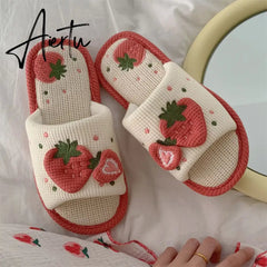 Cute Strawberry Plush Slippers Autumn House Slides Female Flip Flops Women Slippers Winter Home Warm Furry Linen Slippers Women Aiertu