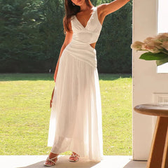 Aiertu - Simple Solid Color Hollow Backless Women's Dress New Summer Casual Sleeveless Pleated Long Dress Fashion Lady V-neck Robe Dress Aiertu