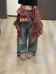 Aiertu - Y2k Aesthetic Plaid Irregular Ruffled Skirts Vintage Women Streetwear Letter Print Faldas Harajuku Grunge Casual Bandage Skirt Aiertu