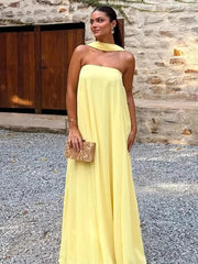 Aiertu - Elegant Off Shoulder Maxi Dresses For Women Chic Loose Yellow Sleeveless Scarf Collar Female Robes Pleated Party Lady Vestidos Aiertu