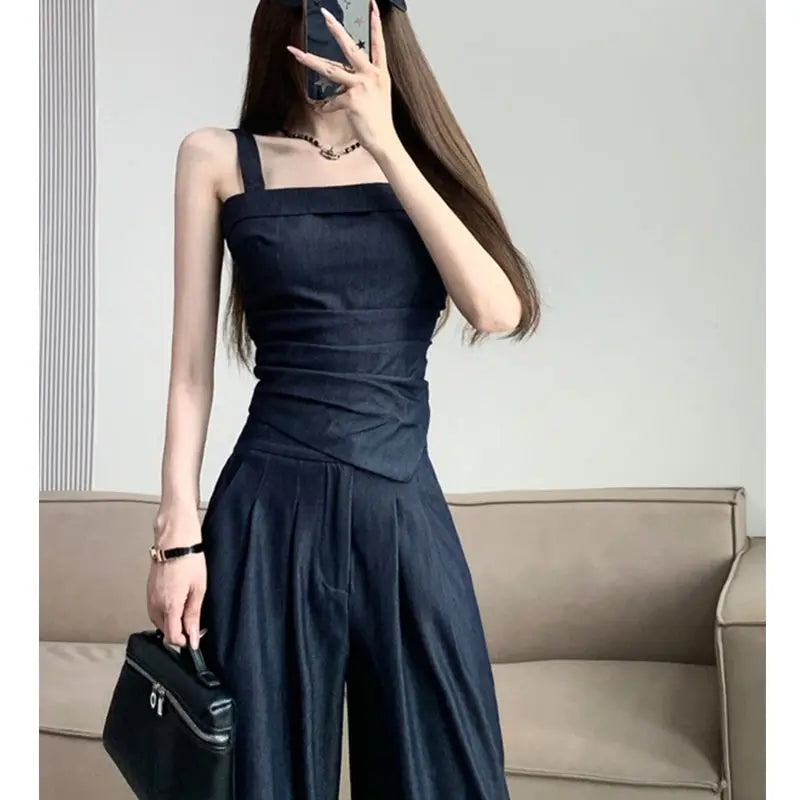 Aiertu - Sweet Hot Girl Pure Sexy Suit Women's Summer Denim Camisole Vest High Waist Wide Leg Pants Two-piece Set Fashion Female Clothes Aiertu