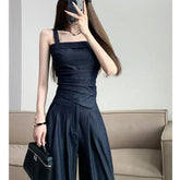 Aiertu - Sweet Hot Girl Pure Sexy Suit Women's Summer Denim Camisole Vest High Waist Wide Leg Pants Two-piece Set Fashion Female Clothes Aiertu
