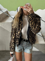 Aiertu - Women's Casual Leopard Printed Leather Lapel Patchwork Jacket Chic Zipper Long Sleeve Short Slim Coat 2026 Lady High Streetwear Aiertu