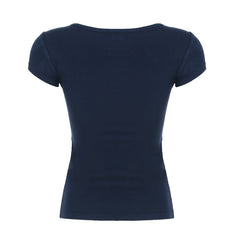 Aiertu - Chest Hollow Out Top Elegant Slim-fitting Short Sleeve T-shirt Summer Chic Basic Square Collar Tops Retro Streetwear Aiertu