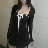 Aiertu - Mesh Splice Bow Decor Trumpet Sleeve Mini Dress Aiertu