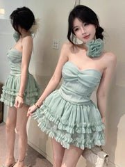 Aiertu All Match Sweet Strapless Dresses for Women Slim Waist A-line Pleated Fashion Korean Dress 2025 Summer Party Cake Mini Vestidos aliexpress